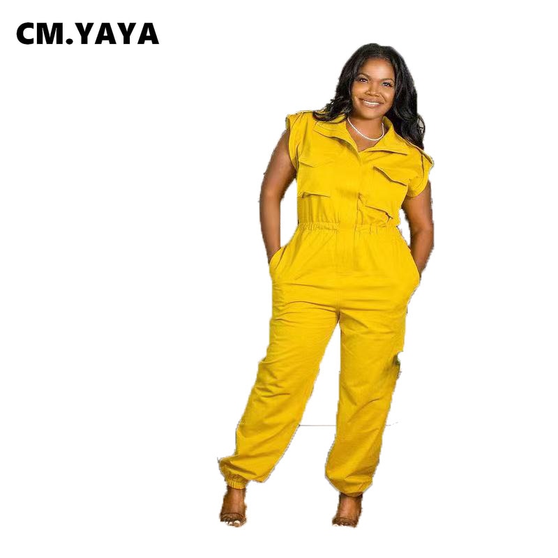 CM.YAYA Women Plus Size Jumpsuit Solid Short Sleeve Turn-down Pockets Loose Straight Jumpsuits Fashion Casual Outfit Summer 2021