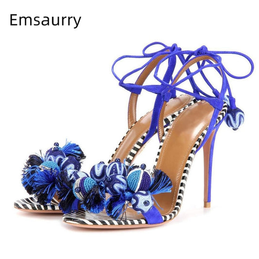 Wool Knitting Ball Tassels Sandals Women Ankle Wrap Striped Color Fringed Pompoms Stiletto Heel Suede Party Shoes Woman