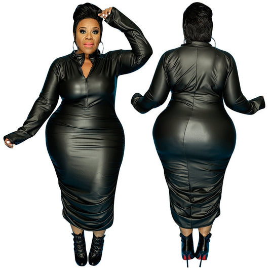 Plus Size Dresses for Women Zip Up Stretchy Long Sleeve Midi Dress Casual Black Punk Pu Leather Dress Wholesale Dropshipping
