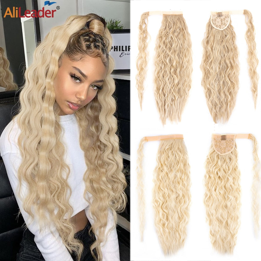 Synthetic Corn Wavy Ponytail 22Inch Long Curly Ponytail Wrap On Clip Hair Extensions Ombre Blonde Brown Fack Ponytail Hairpieces