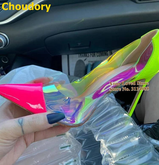 Choudory Pink Patent Leather Pointed Toe Pumps Hologram Iridescent Reflective PVC High Heel Shoes Mixed Color Celebrity Wedding