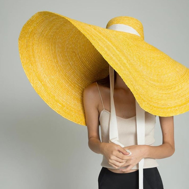 Custom 100cm Wide Brim Oversized Beach Hat For Women Yellow Natural Straw Hat UV Protection Foldable Designer Luxury Catwalk Hat