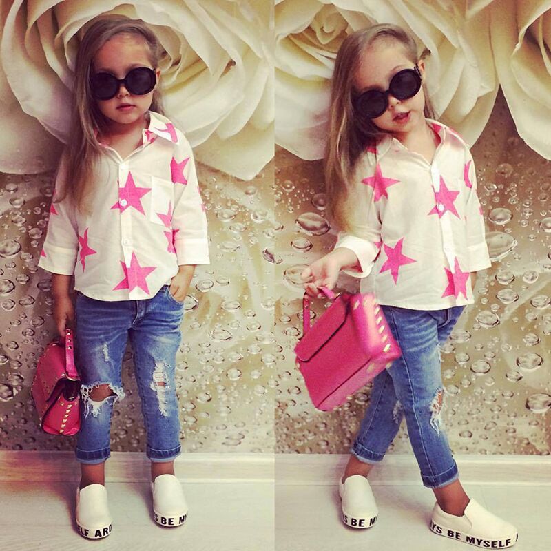 Fashion Style for girls of Chiffon long sleeves Tops with Stars Printed  + jeans pants in autumn sets children's clothes ST316