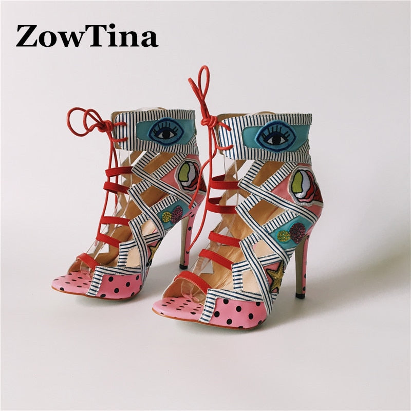 2020 Real Photos Women Summer Sandals Colorful Embroider High Heels Sandalias Fashion Zapatos Mujer Lace Up Pumps Prom Booties