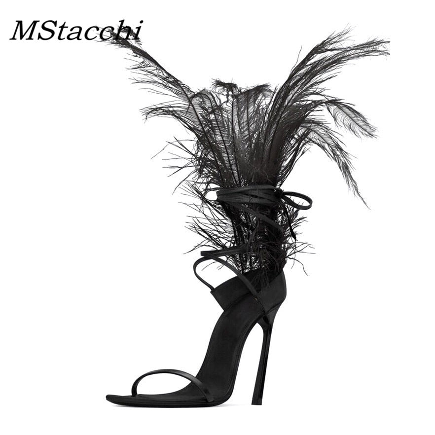 Feather Gladiator Sandals Women Fur Shoes Summer Cross-tied High-heeled Sandals Ostrich Hair Decor Thin High Heels Shoes 2023