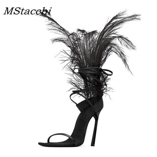 Feather Gladiator Sandals Women Fur Shoes Summer Cross-tied High-heeled Sandals Ostrich Hair Decor Thin High Heels Shoes 2023
