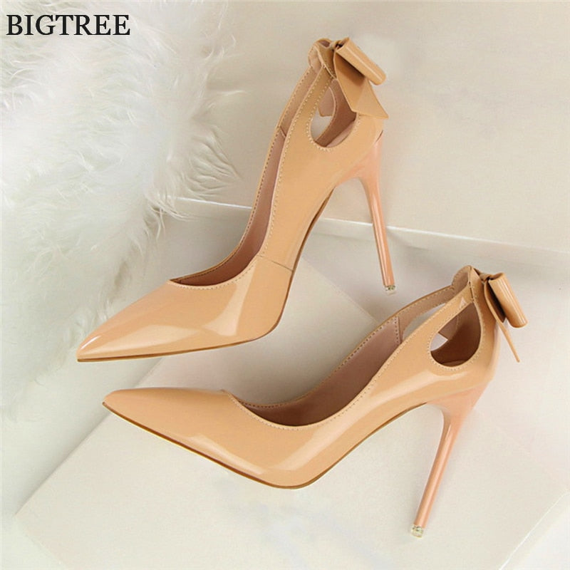 Spring Patent Leather Fashion Bowtie Women's Shoes Back Heel Cut-Outs Sexy Pumps Female High Heels Pointed Toe Dress Party Shoes