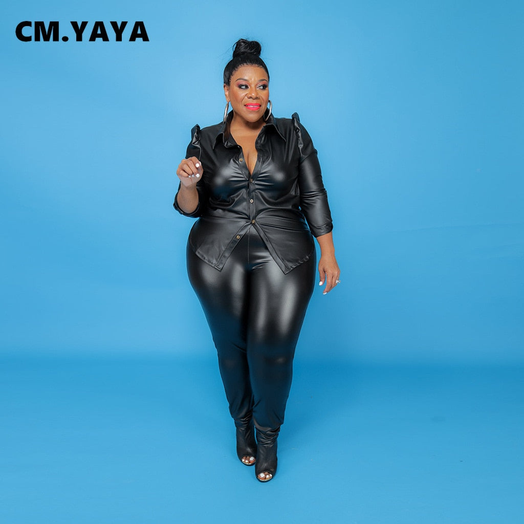 CM.YAYA Women Plus Size PU Set Solid Shirts Tops + Skinny Pants Two 2 Piece Sets Faux Leather Pants Suits Fashion Outfits Autumn