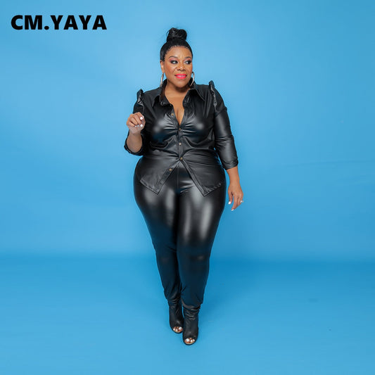 CM.YAYA Women Plus Size PU Set Solid Shirts Tops + Skinny Pants Two 2 Piece Sets Faux Leather Pants Suits Fashion Outfits Autumn