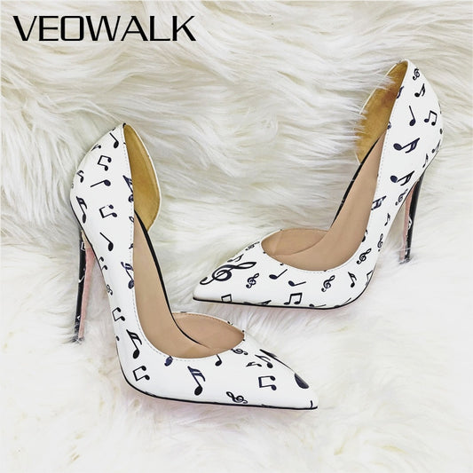 Veowalk Melody Print Women Pointy Toe D‘Orsay Stiletto Pumps Fashion Designer Ladies High Heel Dress Shoes White Plus Size 33-45