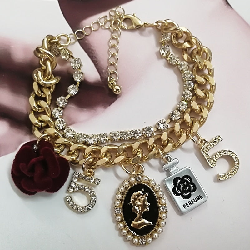 Korean Design Style Crystal Five Chain Bracelet For Women Pearl Flower Charm Jewelry