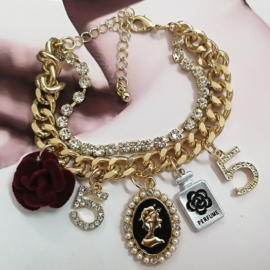Korean Design Style Crystal Five Chain Bracelet For Women Pearl Flower Charm Jewelry