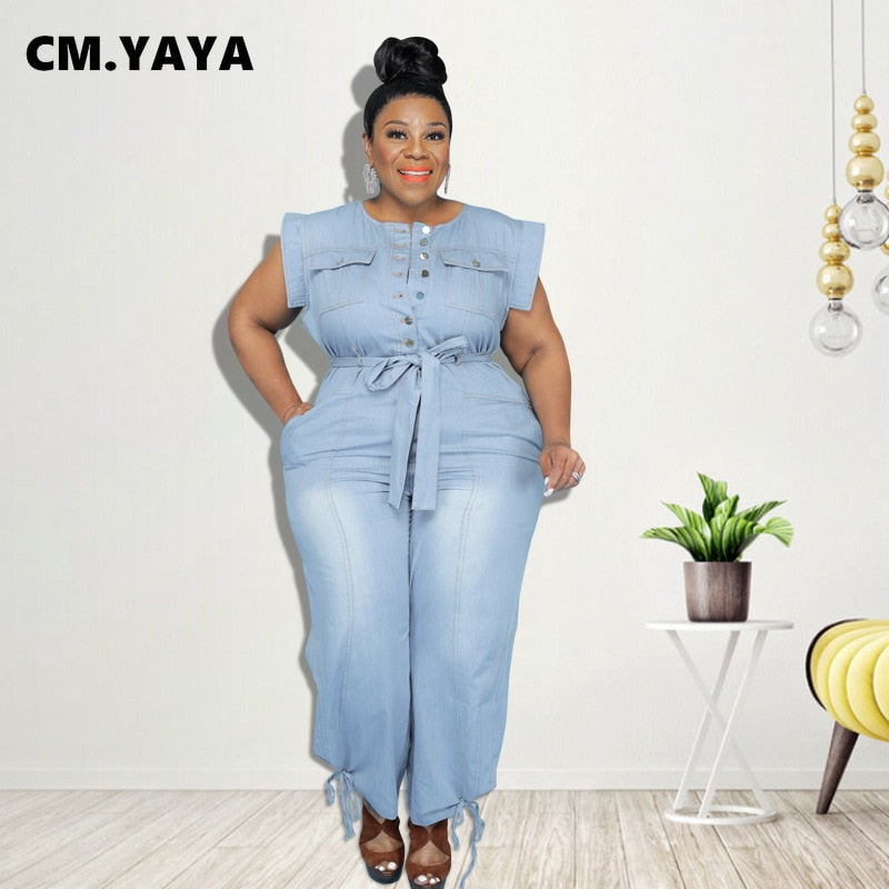 CM.YAYA Plus Size XL-5XL Women Denim Jumpsuit Short Sleeve Sashes One Piece Overall Romper Loose Street Night Club Outfit 2021