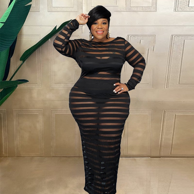 Plus Size Dresses Fall Clothes for Women Long Sleeve Lace Maxi Dress Mesh Backless Sexy Black Party Dress Wholesale Dropshipping