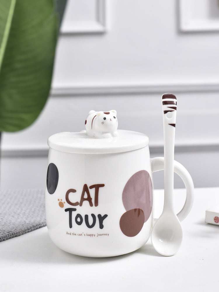 Cute Cat Mug Cartoon Porcelain Cup Couple Men and Women Water Cup Coffee Cup with Cover Spoon Breakfast Milk Cup