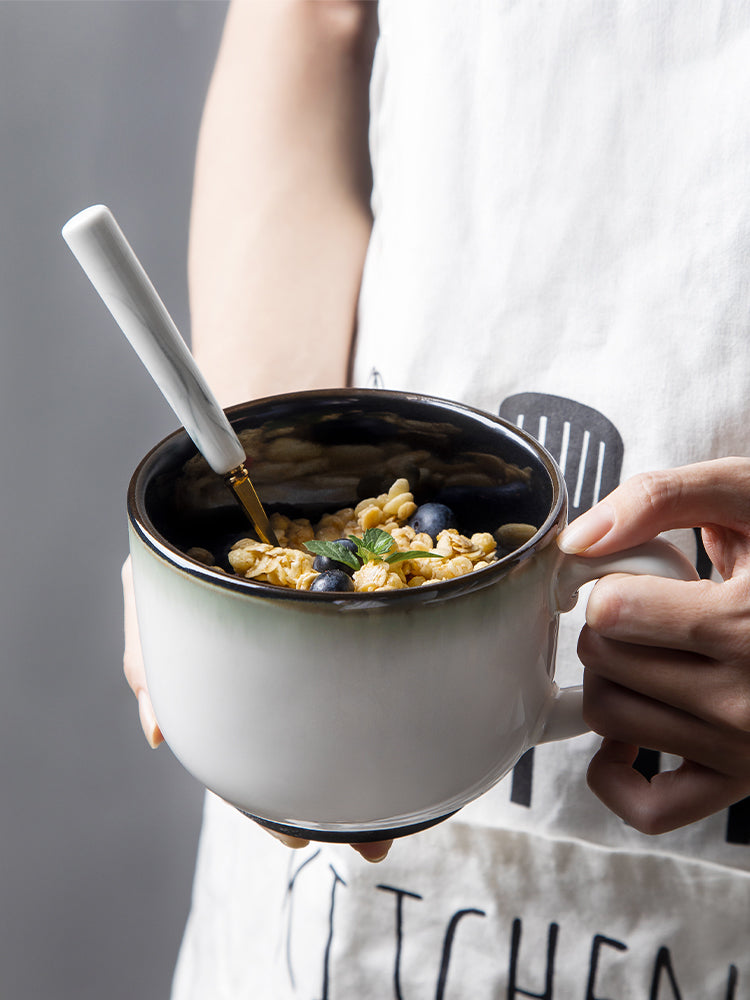 Big Belly Mug Milk Breakfast Cup Ceramic Water Cup Oatmeal Cup with Cover Spoon Microwaveable Household Girl