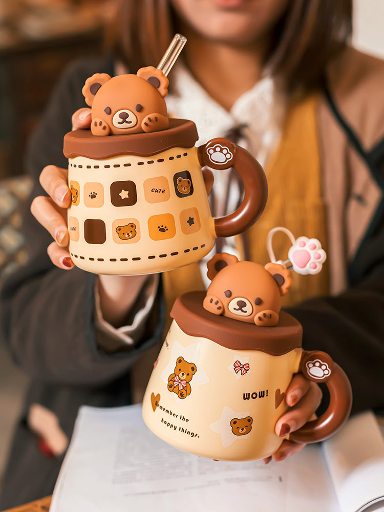 Cute Ceramic Cup Couple with Lid Spoon Straw Mug Home Breakfast Coffee Cup Women Office Water Glass Men