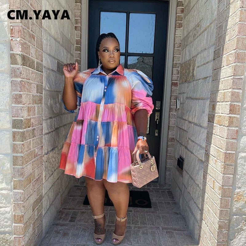 CM.YAYA Elegant Women Graffiti Cape Stye Big Swing Loose Smock Dress Plus Size Curve Chic Single Breasted Shirt Blouse Dresses