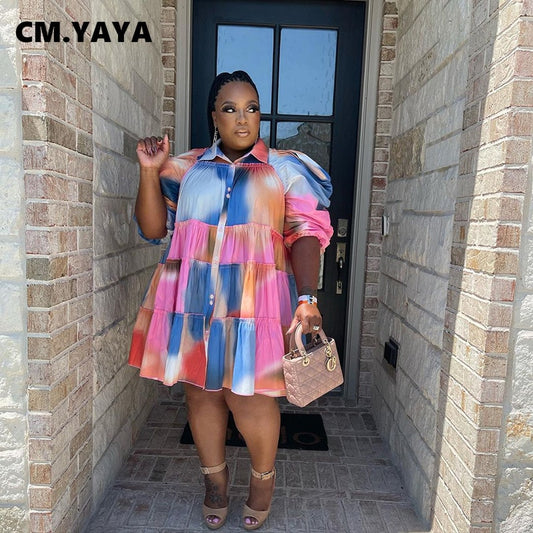 CM.YAYA Elegant Women Graffiti Cape Stye Big Swing Loose Smock Dress Plus Size Curve Chic Single Breasted Shirt Blouse Dresses