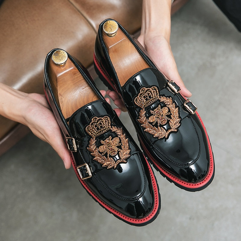 Loafers Men Shoes PU Black Round Toe Low Heel Fashion Daily Business Casual Party Embroidered Double Buckle Dress Shoes CP304