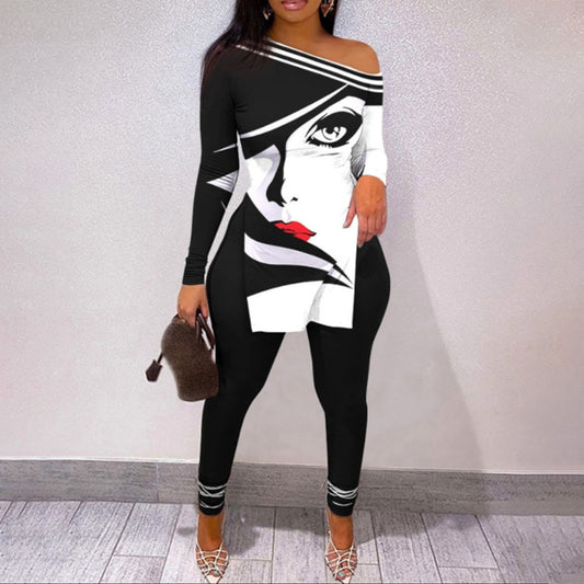 Autumn Fashion Print Two Piece Set Women Sexy Diagonal Neck Off Shoulder Split Tshirt Pencil Pants Two Piece Set Women