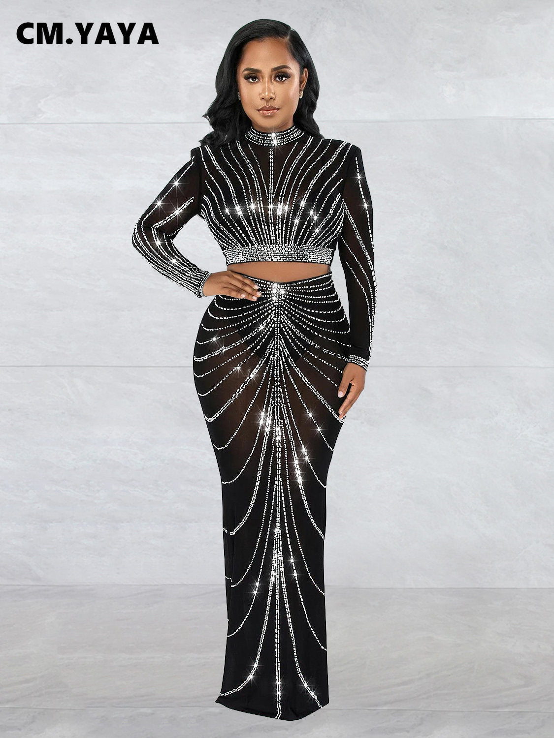 CM.YAYA Elegang Mesh See Though Diamonds Hot Rhinestones Maxi Long Midi Skirts Sets for Women Sexy Party Two 2 Piece Set Outfits