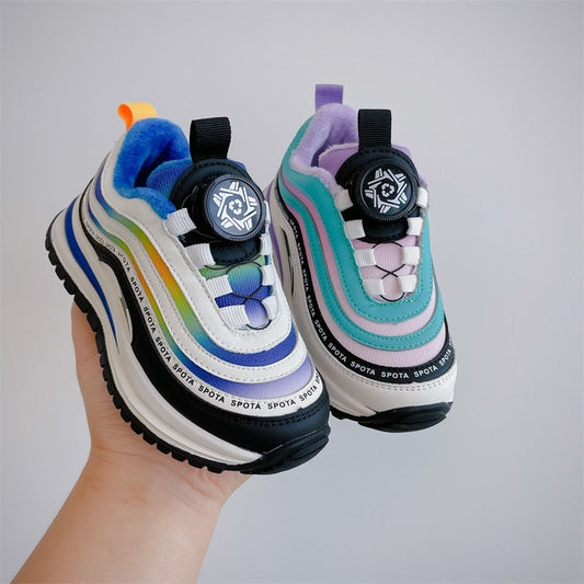 2022 Winter New Children's Shoes Boys' Knob Sports Cotton Shoes Korean Thickened Thermal Girl's Colorful Strips Sneakers