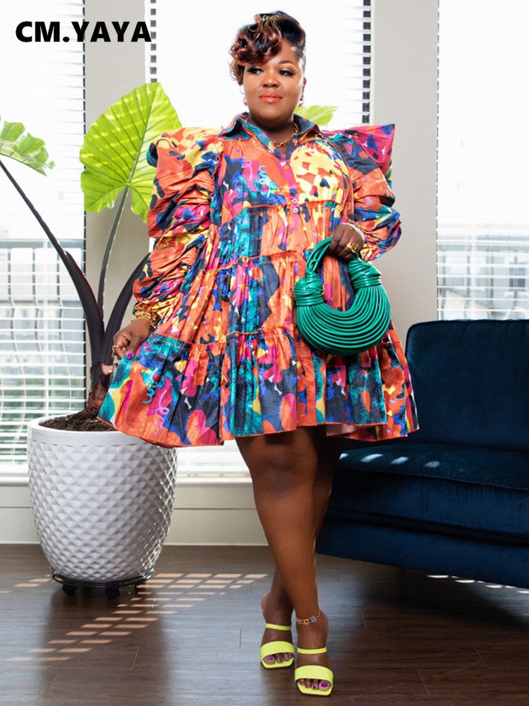 CM.YAYA Plus Size Women Houndstooth Tie Dye Camouflage Printed Puff Long Sleeve Button Shirt Smock Babydoll Big Swing Dress
