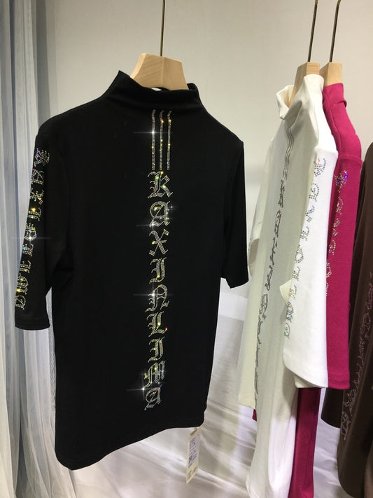 High Quality Hot Drilling Letter High Collar Bottoming Top Half Sleeve Skinny Autumn Black T-shirt All-match Streetwear Pullover