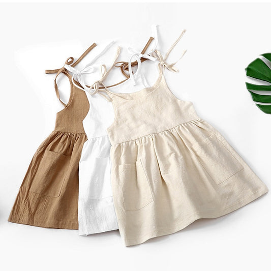 New Essentials Summer Kids Sleeveless Dress For Little Girl Cotton Skinny Beach Skirt With Pocket Solid Slip Dresses Clothing