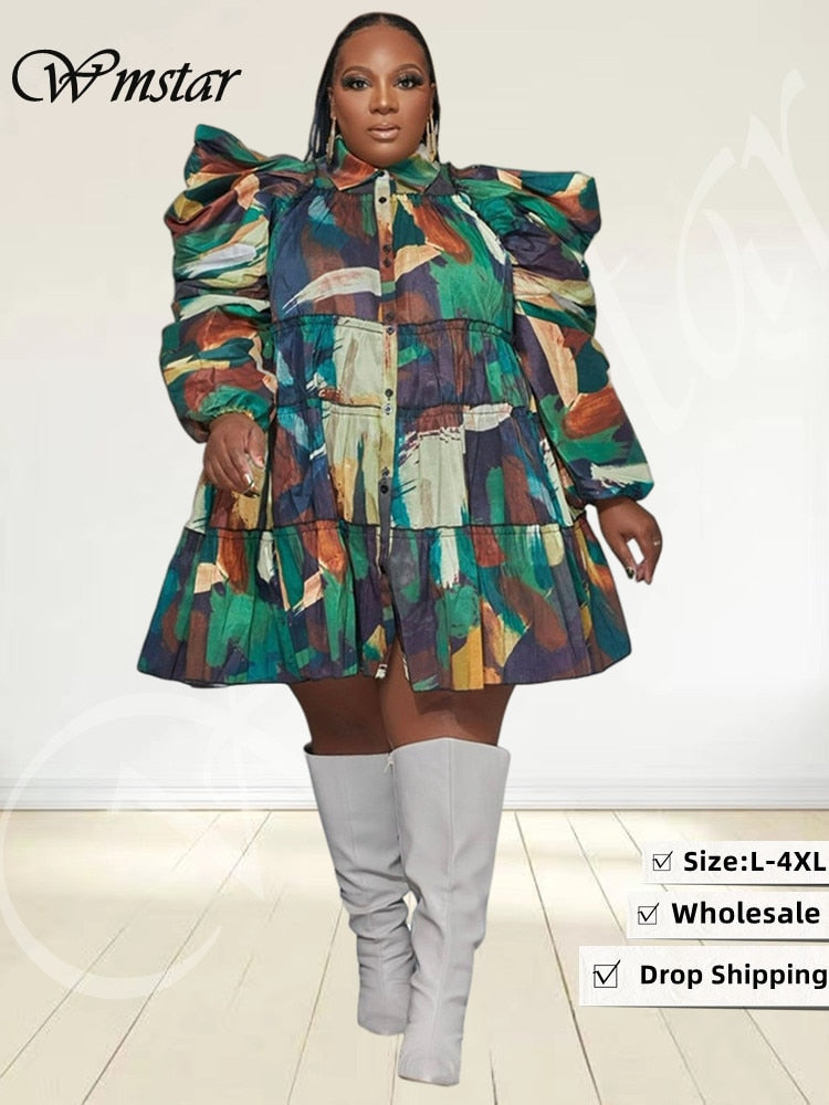 Wmstar Plus Size Dresses Women's Clothes Puff Long Sleeve Casual Printed Cute Ball Gown Shirts Midi Dress Wholesale Dropshipping