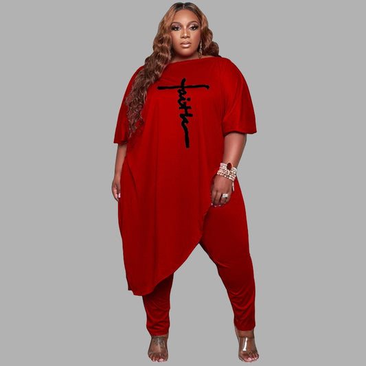 Elegant Plus Size Women's Clothing 4xl 5xl Loose Solid Color Slanted Shoulder Embroidery Tops Sexy Two Piece Sets Wholesale