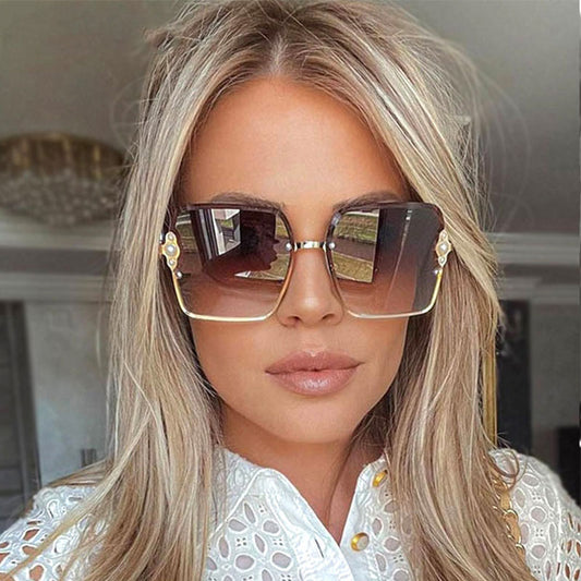 Half Frame Luxury Women Brand Sunglasses Pearl Square Fashion Shades UV400 Vintage Glasses