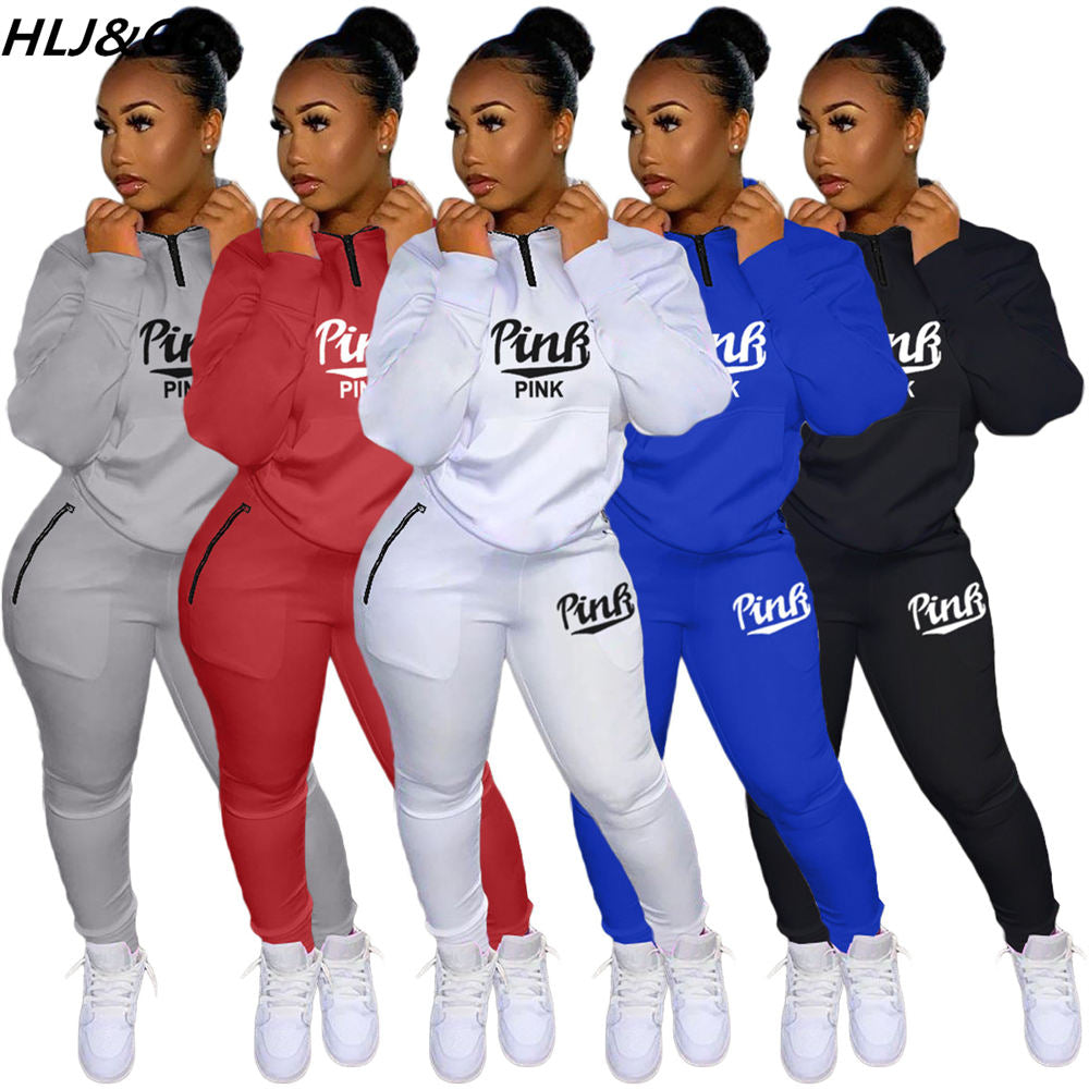 HLJ&amp;GG Winter Tracksuits Two Piece Sets Pink Letter Print Solid Casual Outfits Zip Sweatshirt + Pockets Pants Women Sweat Suits