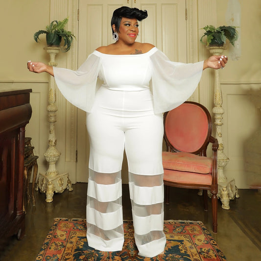 Plus Size Women Elegant Jumpsuit Mesh Patchwork One Piece Outfit Lady Designer Wide Leg Pant 2023 Spring Female Fashion Jumpsuit