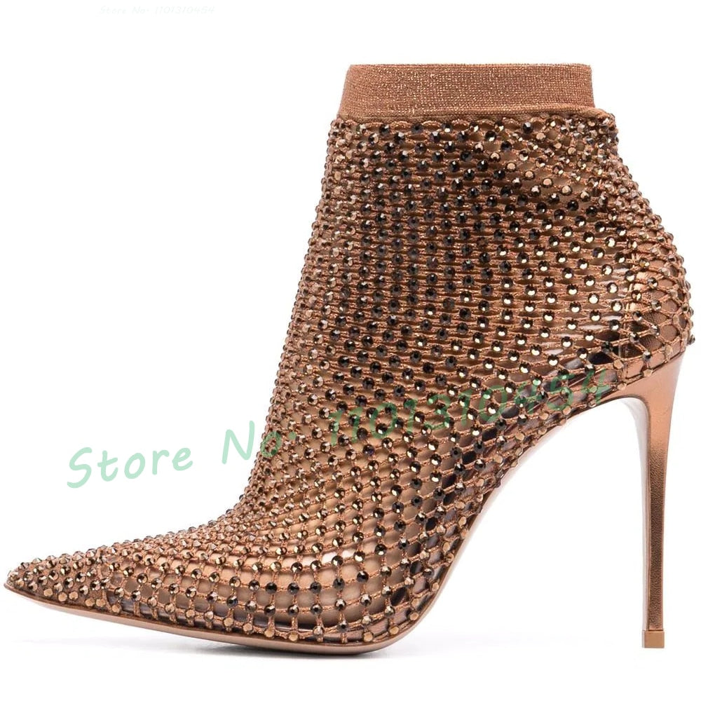 Crystal Mesh Stretch Ankle Boots Women New In Pointy Stiletto Heels Sparkly Hollow Shoes Designer Fashion Spring Chic Booties