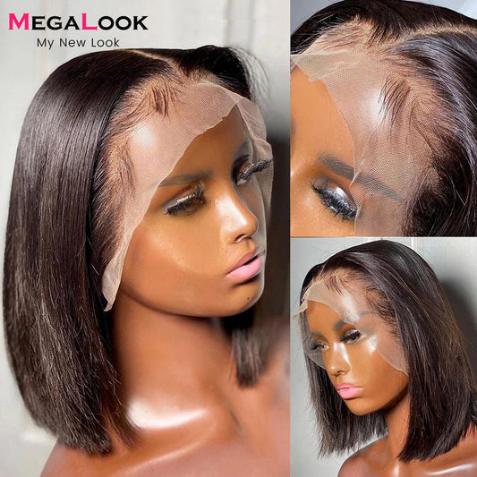 13x5x2 T Part Lace Front Wig Pre Pluckes MEGALOOK Human Hair Wigs For Women 4x4 Closure Wigs Short Straight Bob Wigs 180 Density