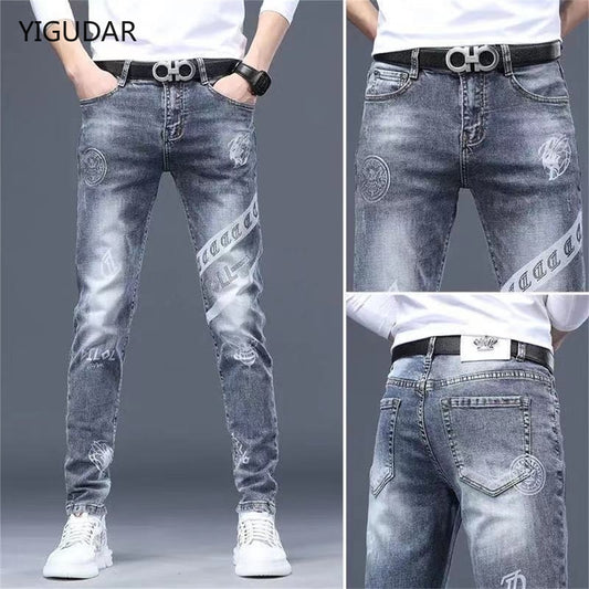 Mens stretch denim print pants jeans Korea slimming trendy casual jeans all-match light luxury men jeans pants for men