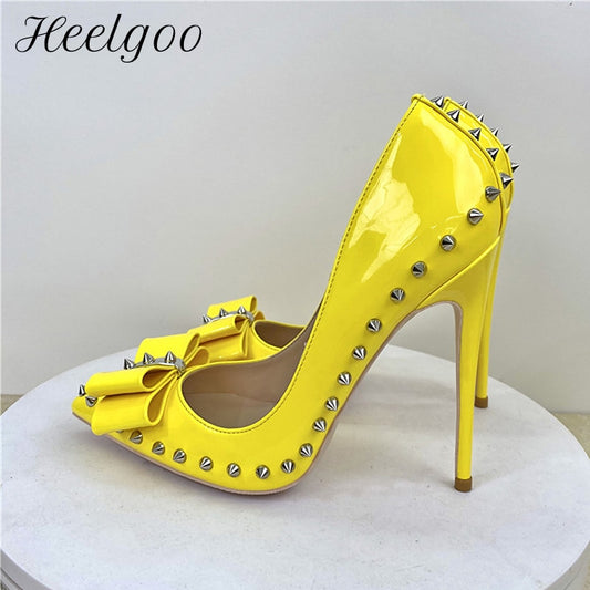 Heelgoo Spikes Bow Women Glossy Yellow Pointy Toe High Heel Shoes Plus Size 33-46 Sexy Party Stiletto Pumps Color Customizable