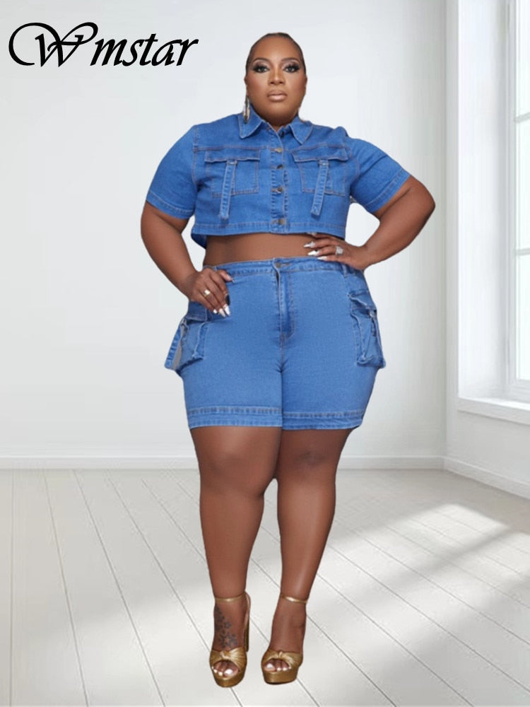 Wmstar Plus Size Denim Two Piece Set Women 2023 Shorts Sets Pockets Top and Pants Fashion New In Fashion Matching  Dropshipping