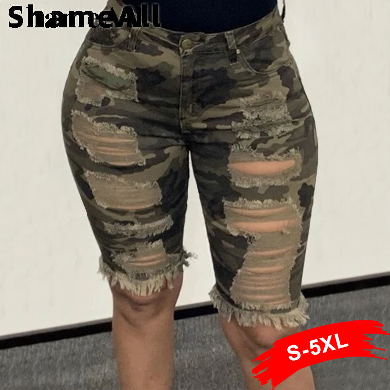 Plus Size Streetwear Ripped Skinny Camouflage Jeans Shorts 5XL Bodycon Workout Running Shorts Women Holographic Biker Bermudas