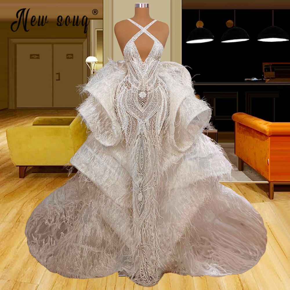 Luxury Crystal Beaded Wedding Dresses With Long Ruffle Train Mermaid Church Bridal Wedding Party Gown In Dubai