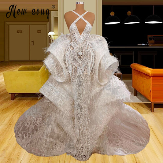 Luxury Crystal Beaded Wedding Dresses With Long Ruffle Train Mermaid Church Bridal Wedding Party Gown In Dubai