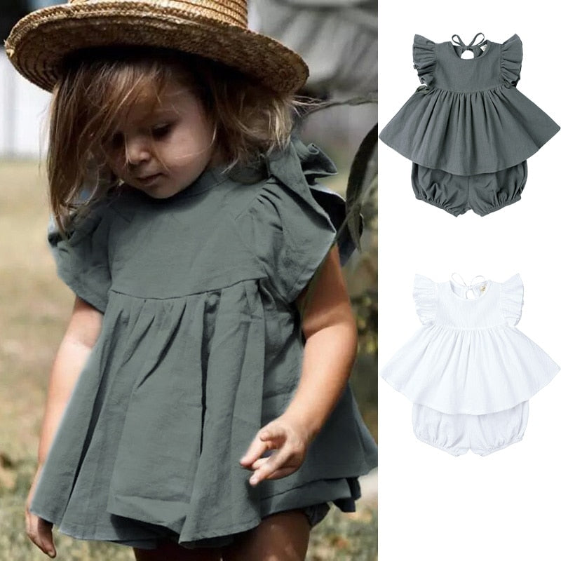 Essentials Baby Girls Clothing 2 Pieces Set Lacing Ruffle Sleeve Cozy Tops Skirts+Shorts Little Kids Clothes For Toddler Outfits