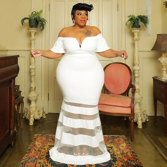 Plus Size Women Party Dresses Mesh Puff Sleeve White Dress Female Luxury Designer Cloth 2023 Spring Evening Birthday Robe