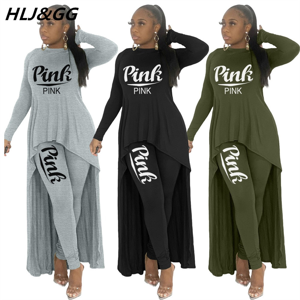 HLJ&amp;GG Fall Winter Casual Irregular Top + Skinny Pants Two Piece Sets Women Outfits Female PINK Letter Print Matching Tracksuits