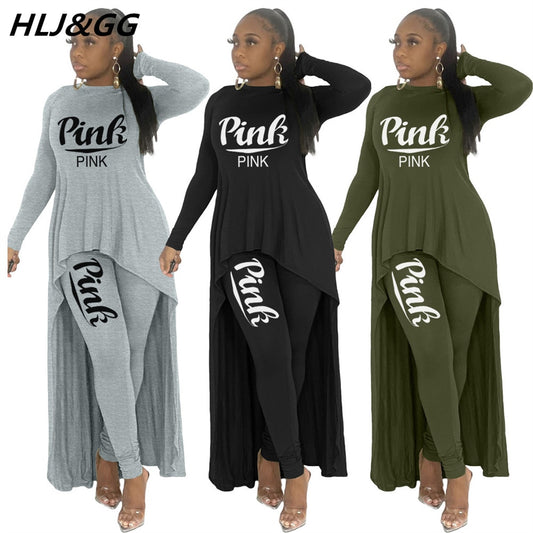 HLJ&amp;GG Fall Winter Casual Irregular Top + Skinny Pants Two Piece Sets Women Outfits Female PINK Letter Print Matching Tracksuits