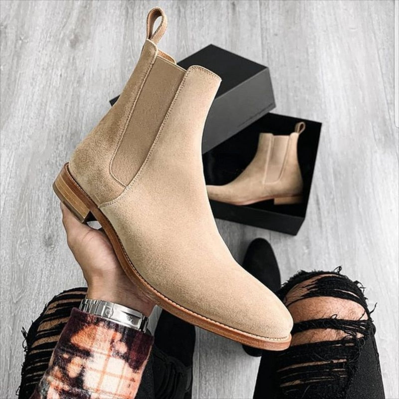 Chelsea Boots Men Shoes Leather Suede Beige Fashion All-match Business Casual British Style Everyday Slip-on Ankle Boots CP195