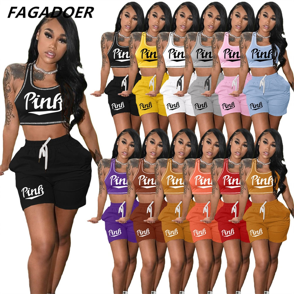 FAGADOER Summer Women Pink Letter Print Sleeveless Crop Top+Pencil Shorts Suit Two Piece Set Tracksuits Outfit Sporty Streetwear