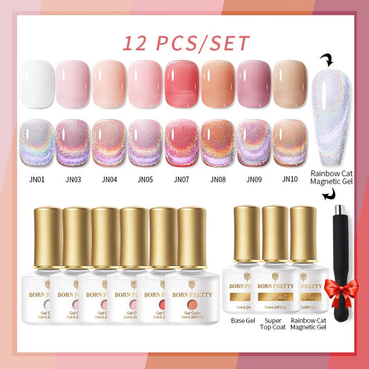 BORN PRETTY 10/12Pcs Gel Nail Polish Set 7ml Jelly Nude Gel &amp; Rainbow Cat Magnetic Gel Polish for Nail Art Design Base Top Coat